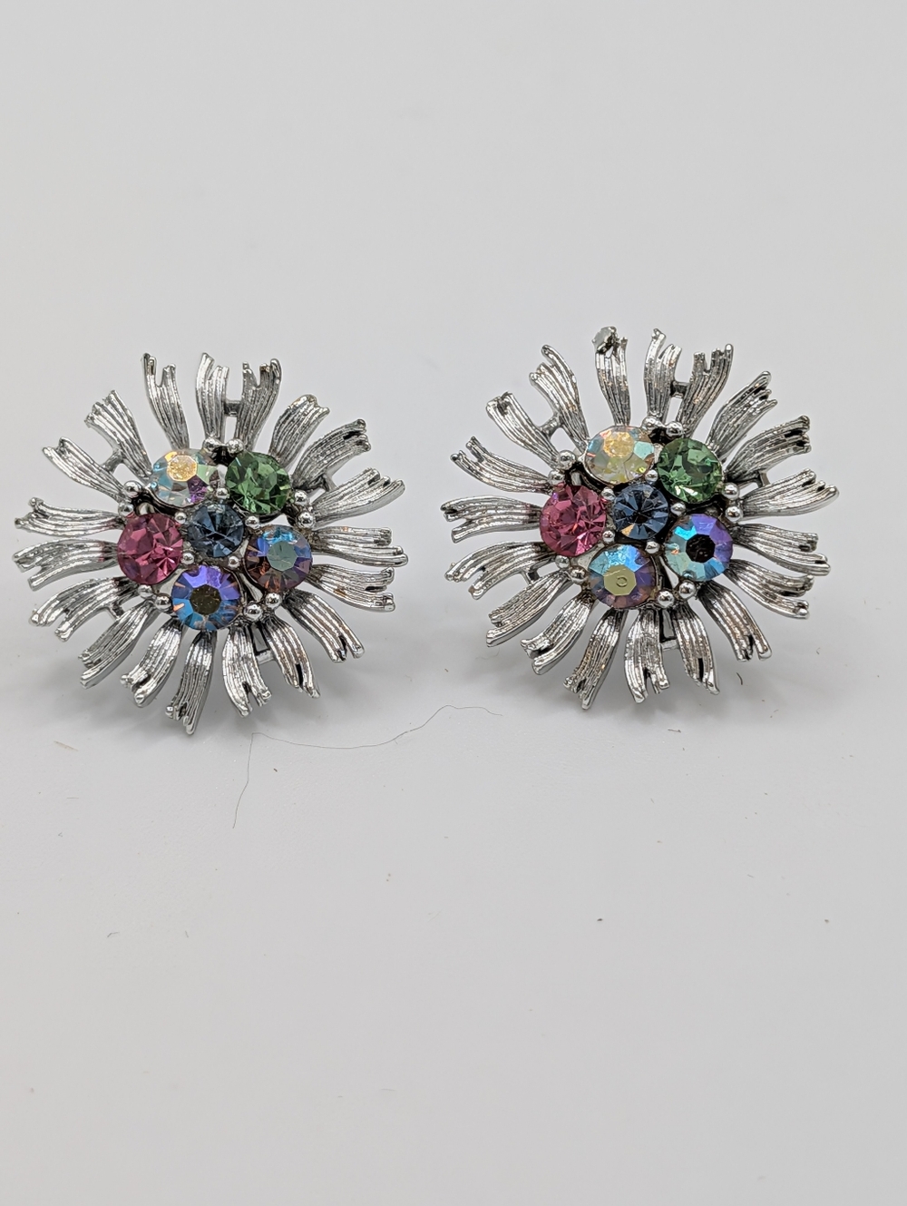 Vintage Lisner multi color Faceted Rhinestone Floral Screw Back Clip Earrings